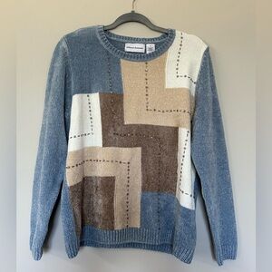 Alfred Dunner Blue, Tan, Brown, and Cream Colorblock Sweater Beaded Detail Sz S